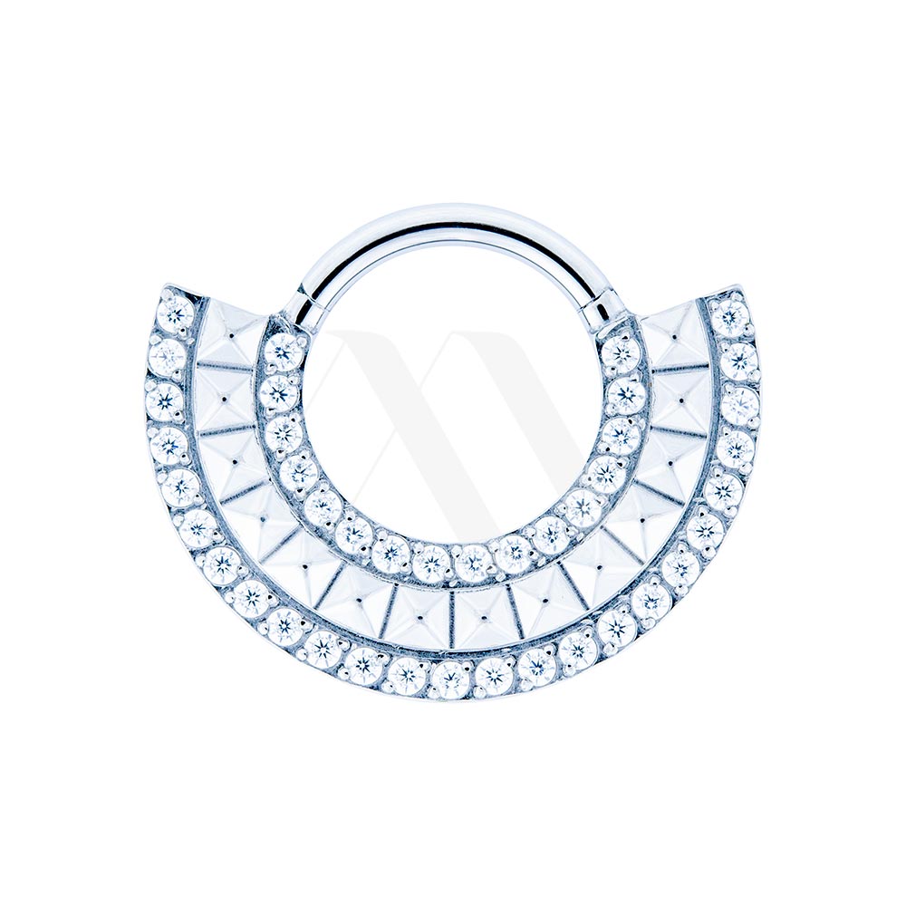 Tribal-Style Titanium Clicker Ring with Double Crystal Rows