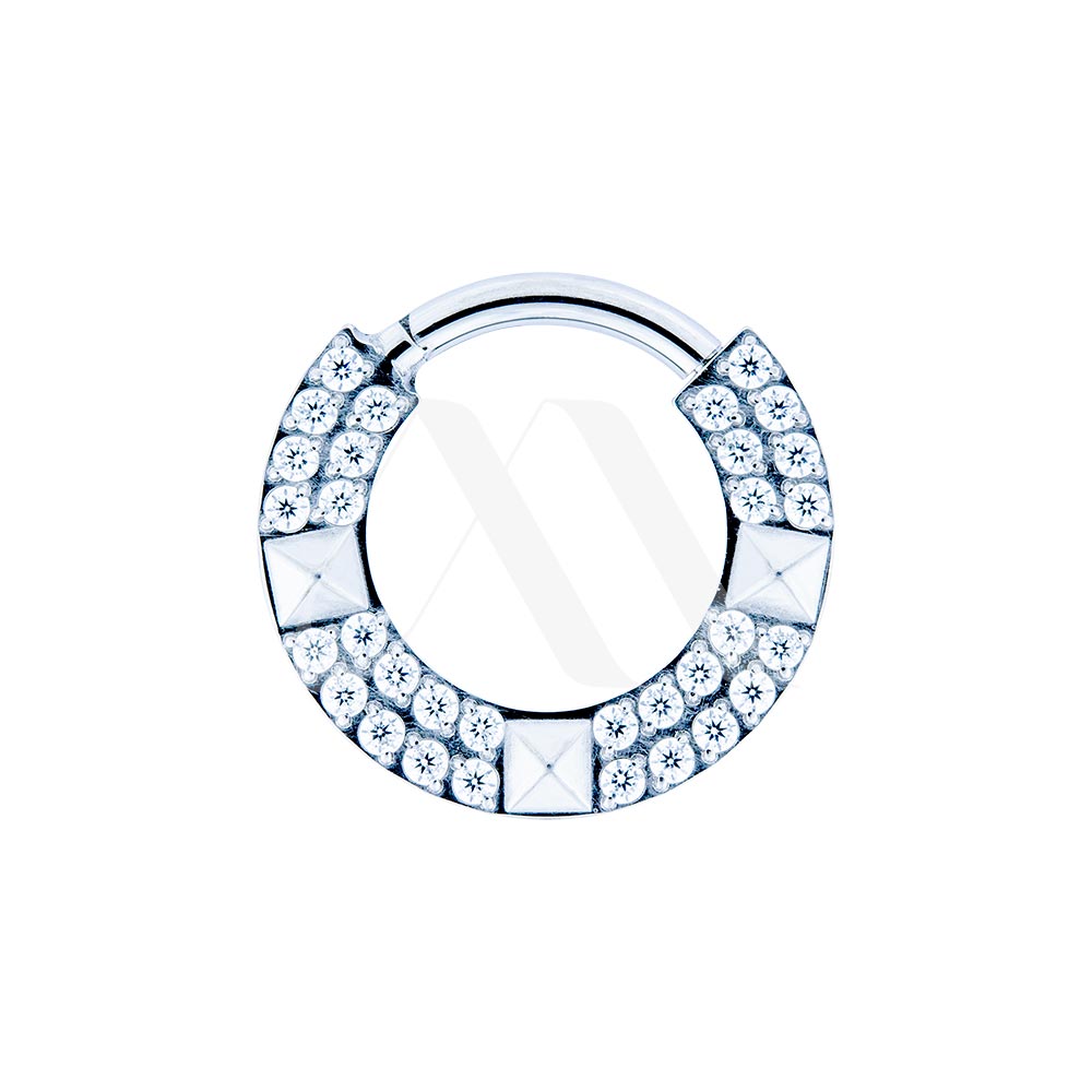 Tribal-Style Titanium Clicker Ring with Double Crystal Rows